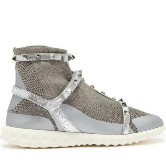 $995 Valentino GARAVANI Silver Rockstud Knit Sneakers SZ IT 40/ US 10 NIB - Picture 5 of 12